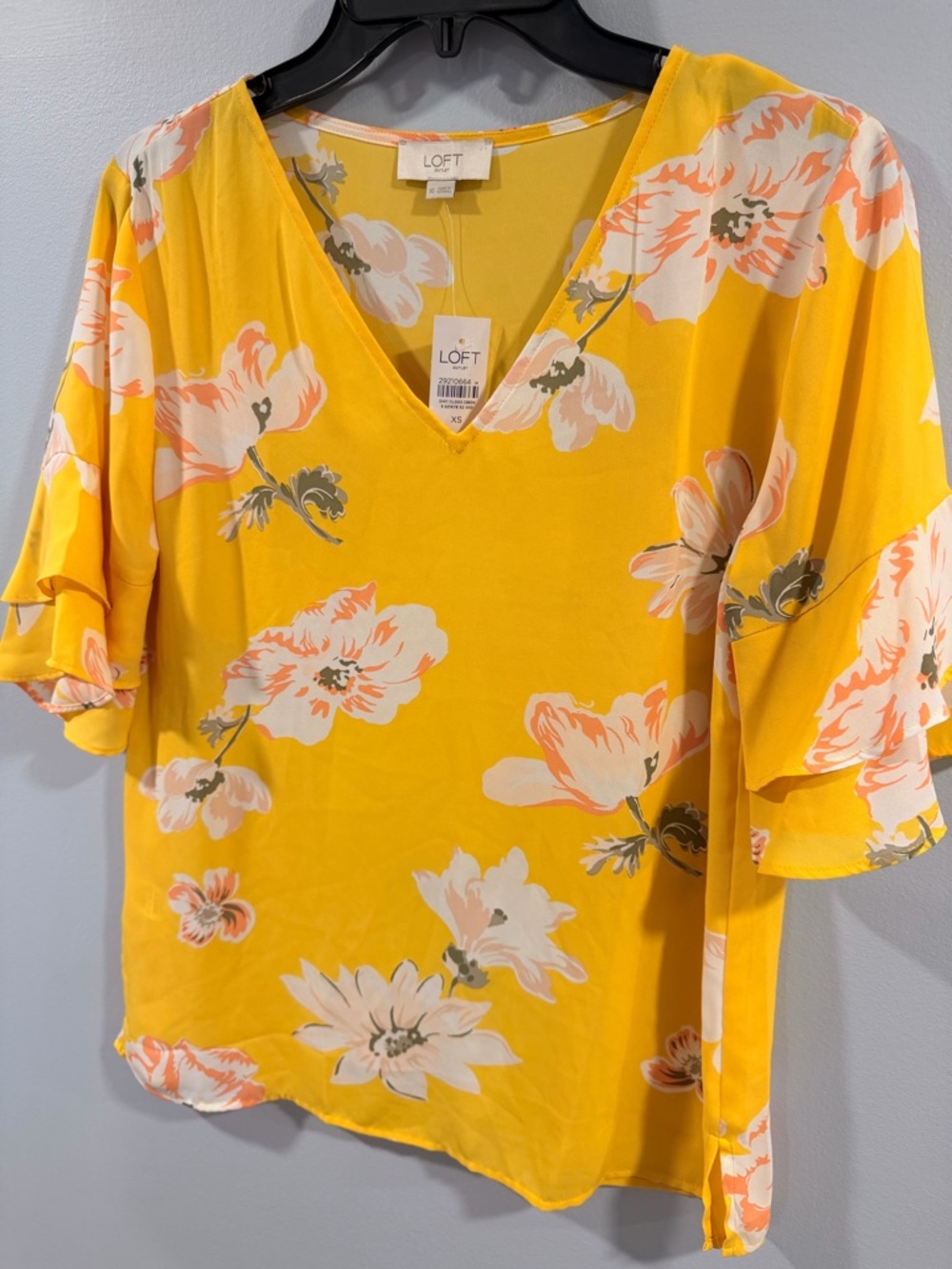 LOFT Yellow Floral V-Neck Ruffle Sleeve Blouse